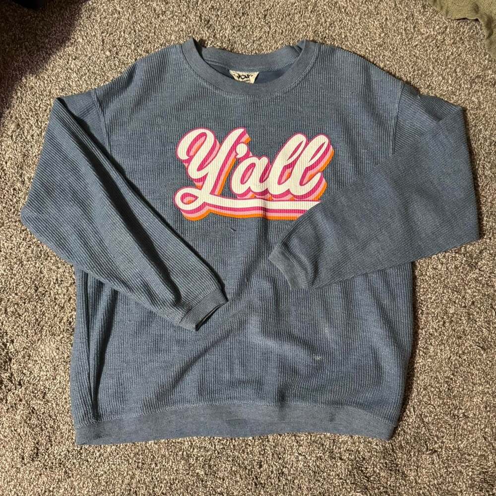 Jadelynn Brooke 'Y'all' Corded Crewneck Sweatshirt Blue Size M